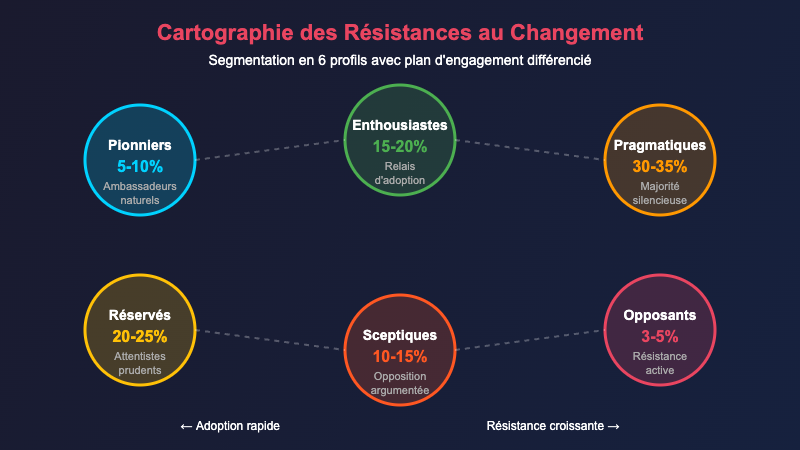 Cartographie fine des résistances : segmentation en 6 profils et plan d'engagement différencié 9 Cartographie resistances changement : segmentation en 6 profils avec pourcentages et plan engagement
