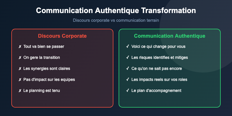 Communication authentique en transformation : aborder les vrais enjeux plutôt que le discours corporate 8 Communication authentique transformation comparatif discours corporate vs terrain