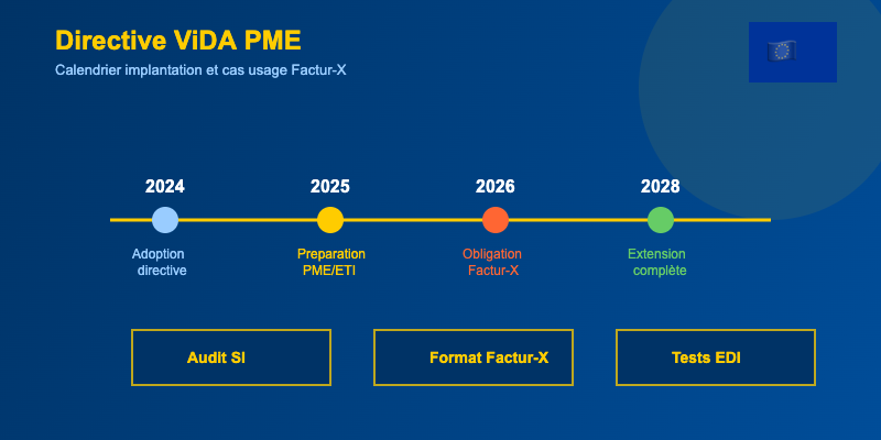 Directive ViDA pour PME/ETI : calendrier d'implantation et cas d'usage Factur-X 1 Directive vida pme calendrier implantation Factur-X 2026