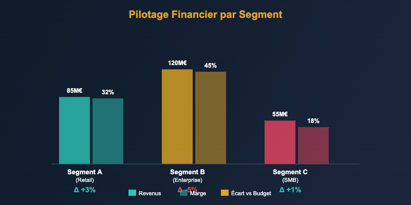 Pilotage financier par segment : suivi revenus, marges par produit et analyse des écarts vs budget 1 Dashboard pilotage financier par segment revenus marges ecarts budget